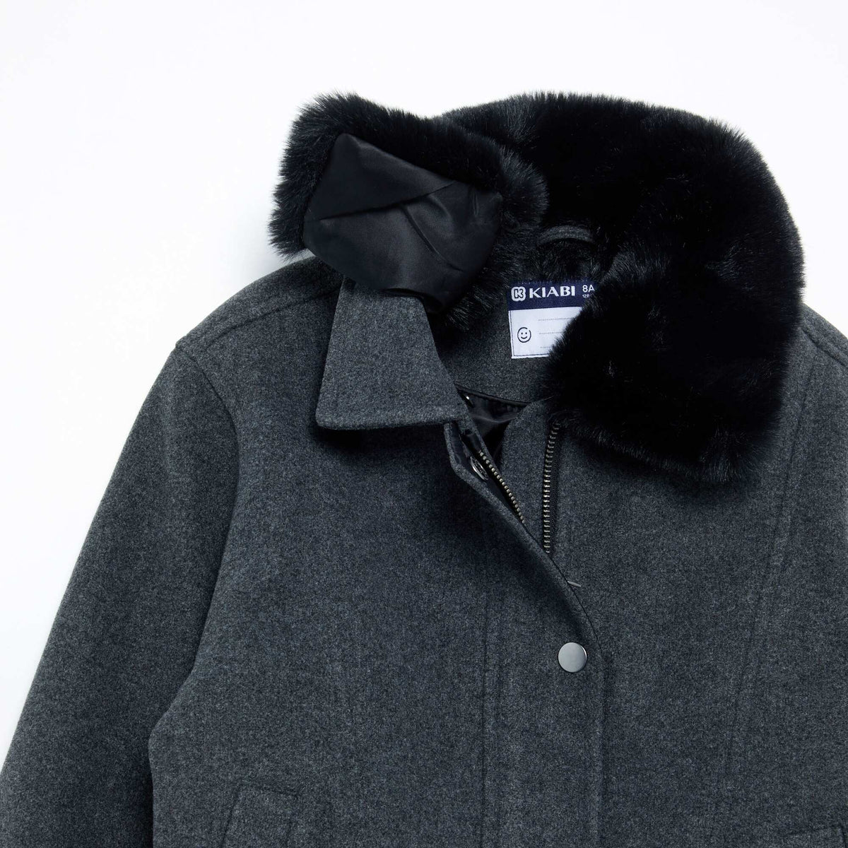 Oversized Faux Wool Jacket with Detachable Fur Collar GREY